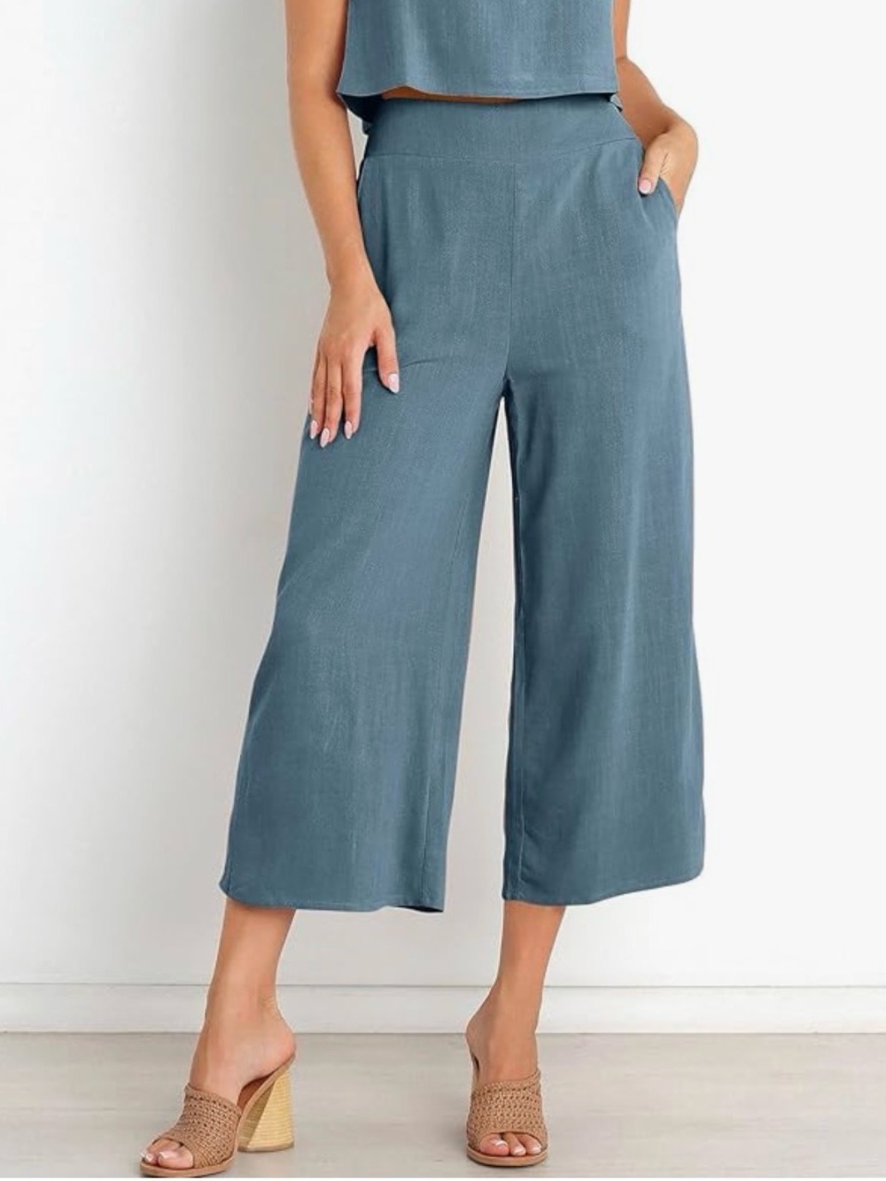 Anrabess Linen Wide-Leg Cropped Pants - Slate Blue